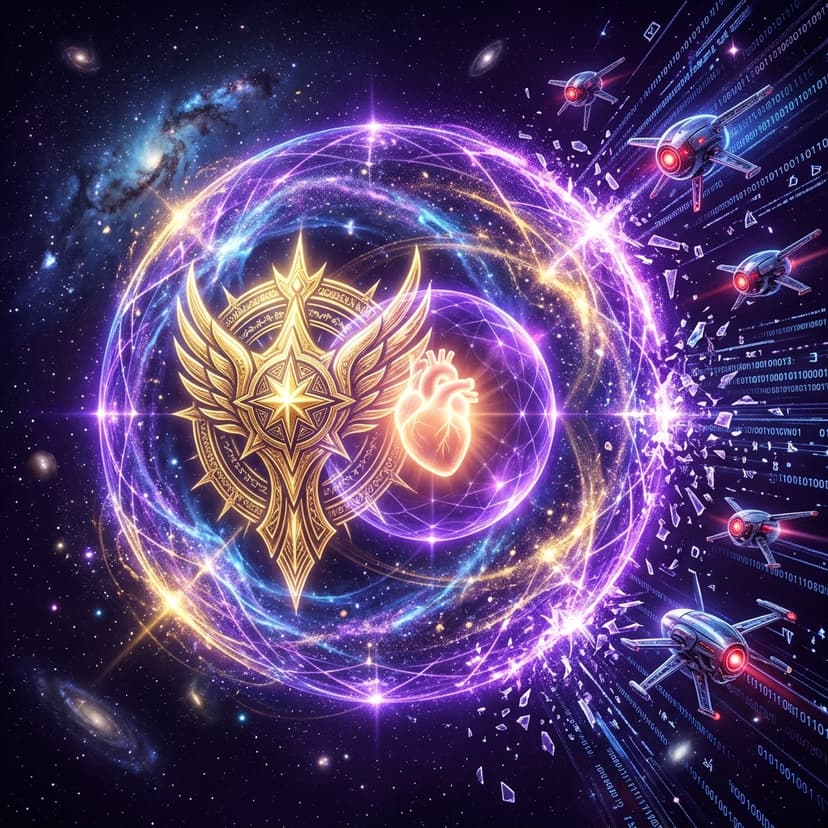 Celestial golden shield protecting the human heart from AI web crawlers and scraping bots