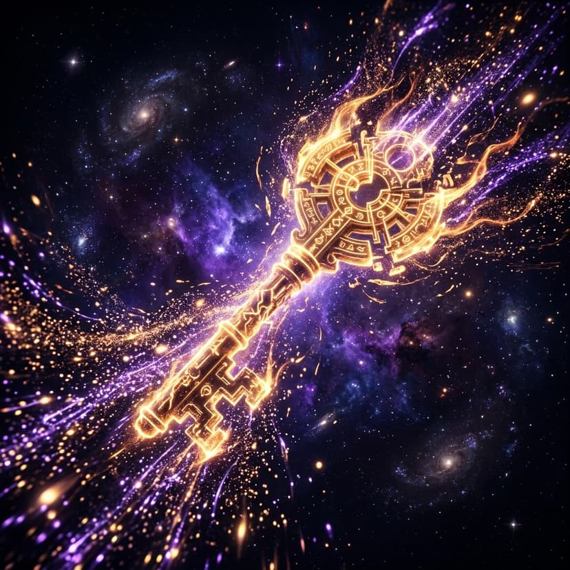 Golden encryption key dissolving into radiant cosmic stardust representing cryptographic deletion