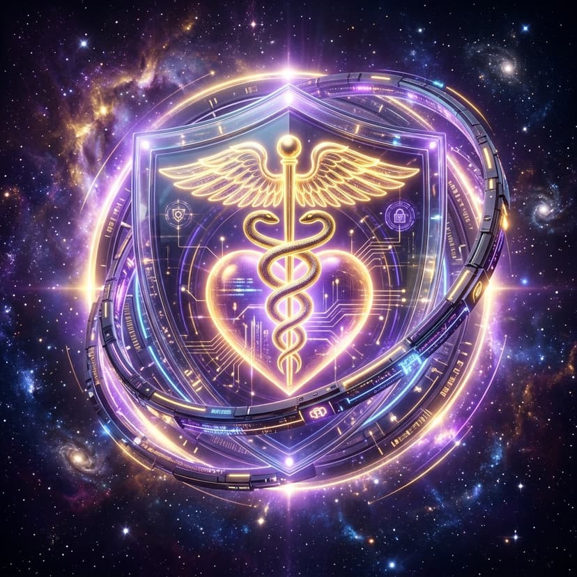 Glowing golden caduceus and radiant heart inside a cybernetic shield with biometric rings