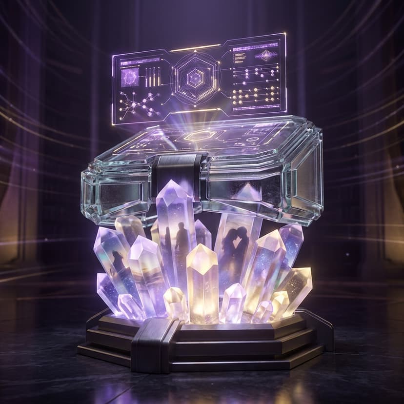 Futuristic holographic glass memory vault terminal with glowing crystals and transparent controls
